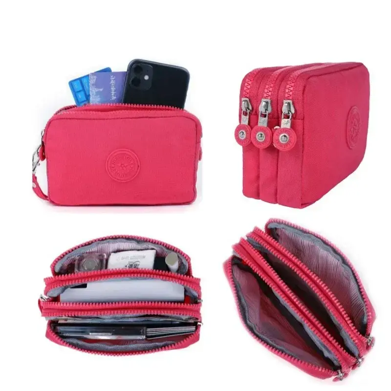 Women Canvas Coin Purses Organizer Wallet Solid Color Three Layer Zipper Card Key Lipstick Money Storage Pouch Phone Bag
