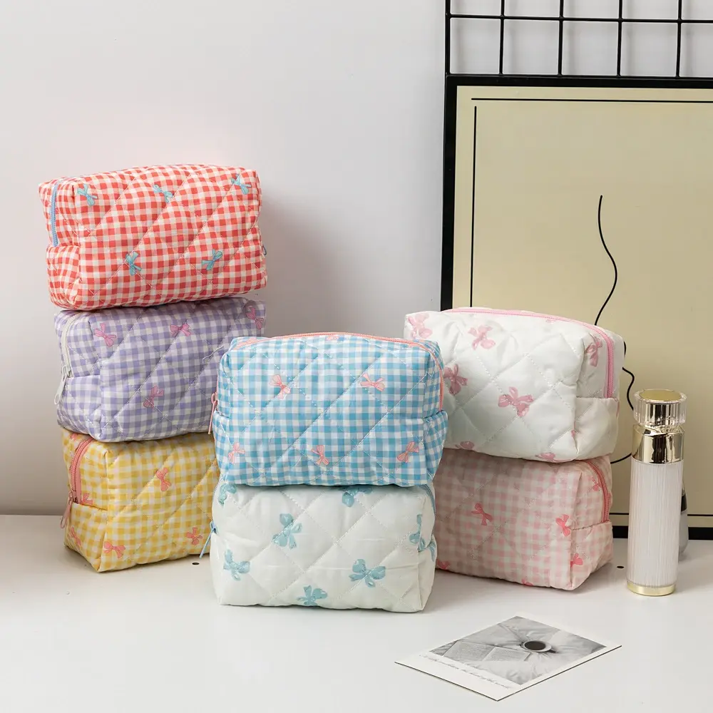 Fashion Bow Floral Makeup Bag Large Capacity Portable Cosmetic Storage Bag Cotton Makeup Wash Bag Cosmetic Organizer Pouch