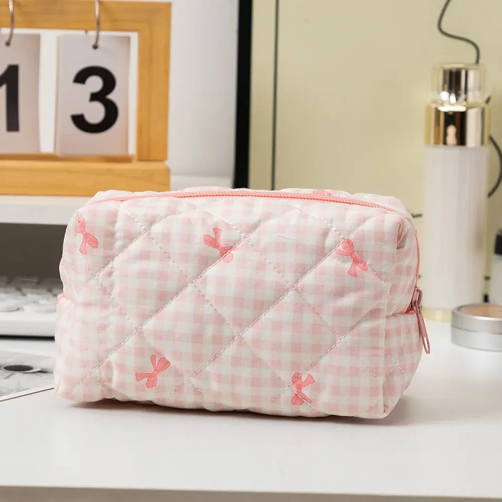 Fashion Bow Floral Makeup Bag Large Capacity Portable Cosmetic Storage Bag Cotton Makeup Wash Bag Cosmetic Organizer Pouch