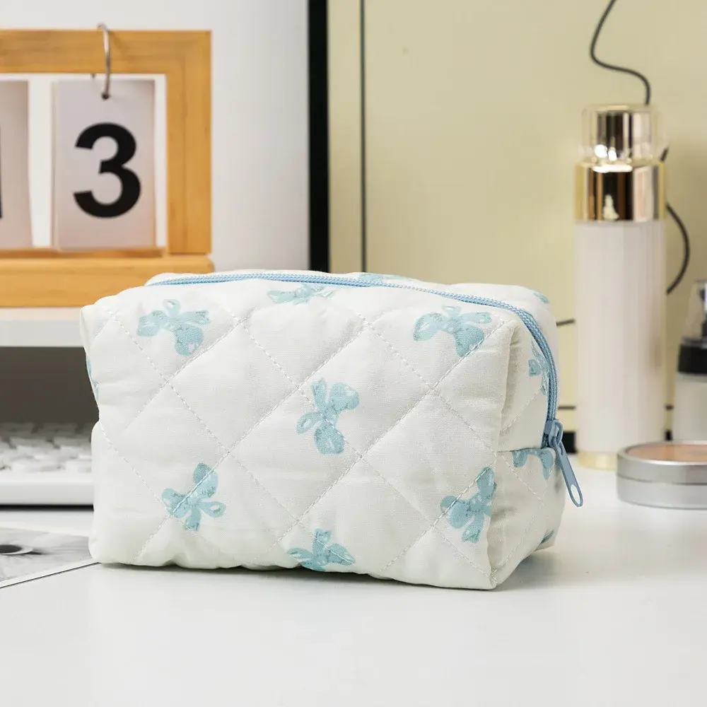 Fashion Bow Floral Makeup Bag Large Capacity Portable Cosmetic Storage Bag Cotton Makeup Wash Bag Cosmetic Organizer Pouch