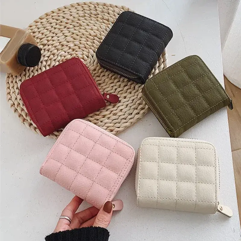 PU Leather Women Short Wallets Female Plaid Purses Solid Color Card Holder Wallet Student Small Zipper Woman Wallet Coin Purse