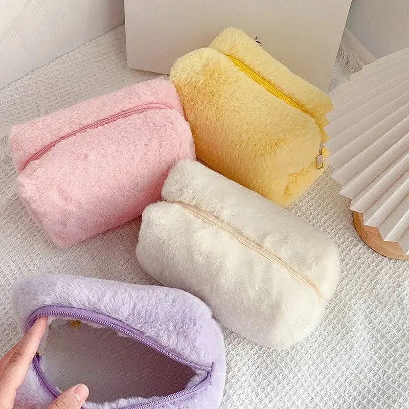 Zipper Large Solid Color Cosmetic Bag Cute Plush Makeup Bag for Women Travel Make Up Toiletry Bag Washing Pouch Plush Pen Pouch