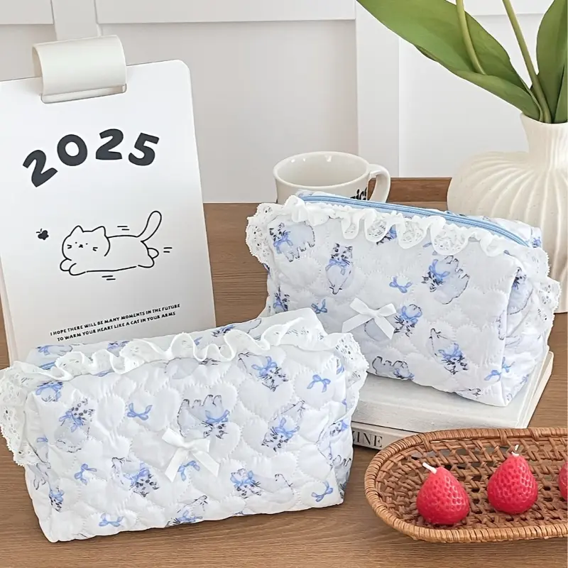 Cute Cartoon Cat Makeup Bag Large Cosmetic Organizer Travel Storage Pouch for Women Girls
