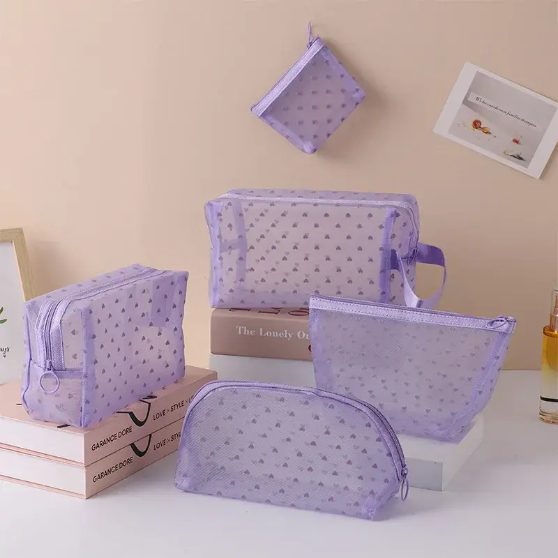 Heart Transparent Mesh Makeup Bag Multifunction Portable Women Cosmetic Storage Pouch Ladies Toiletry Lipstick Organizer Bags