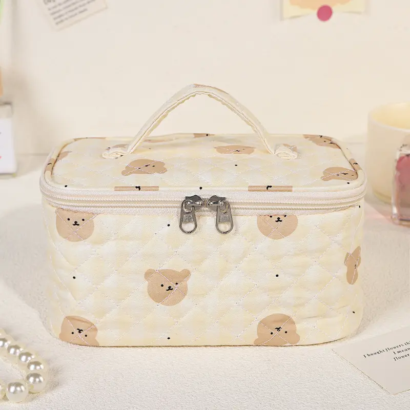 Cartoon Bear Makeup Bag Handbag Large Capacity Cotton Fabric Wash Bag Travel Cosmetic Organizer Portable Makeup Storage Bag
