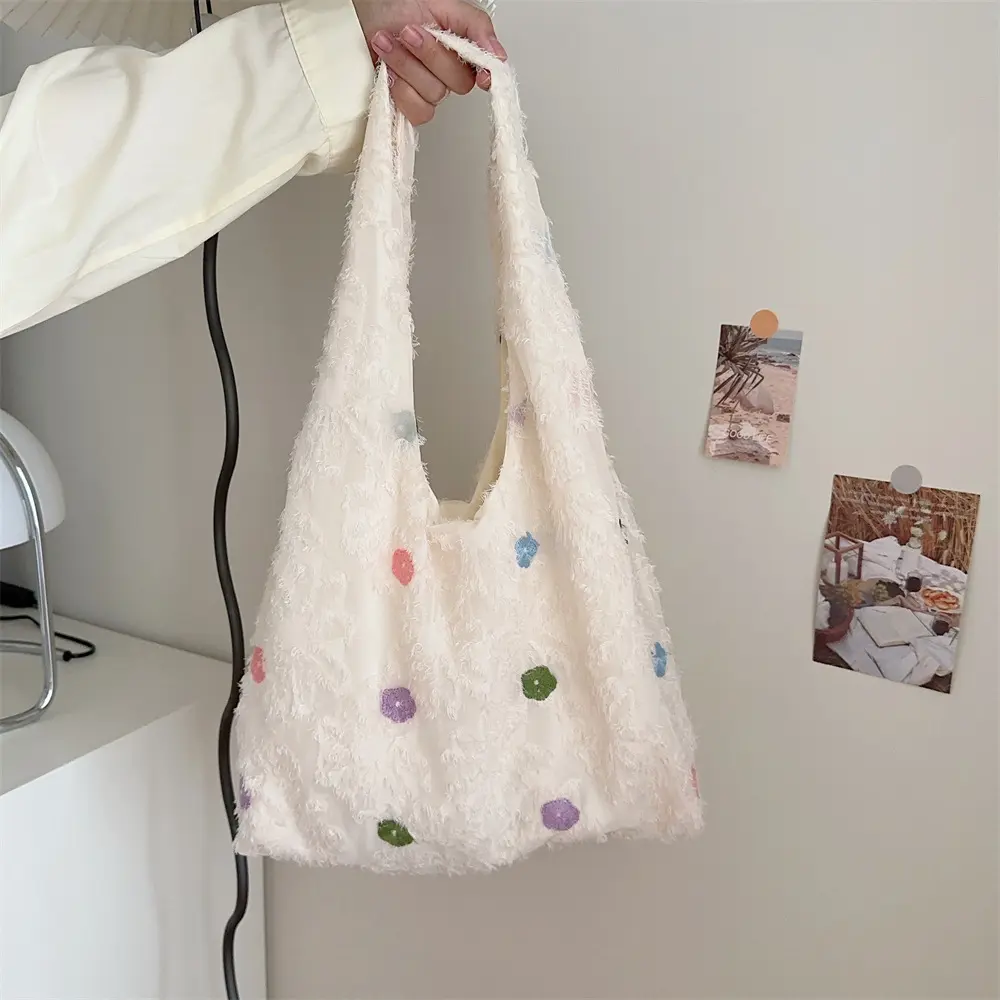 Korean Sweet Women Shoulder Bag Lace Flower Cosmetic Bag Handbag Reusable Grocery Storage Large Capacity Shopping Tote Bag
