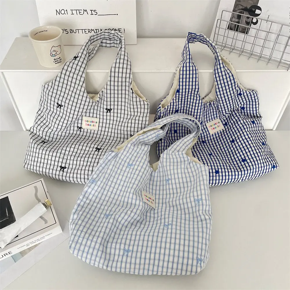 Blue Plaid Women's Shoulder Bags Large Capacity Female Reusable Shopping Bag Cotton Cloth School Girls Book Tote Handbags