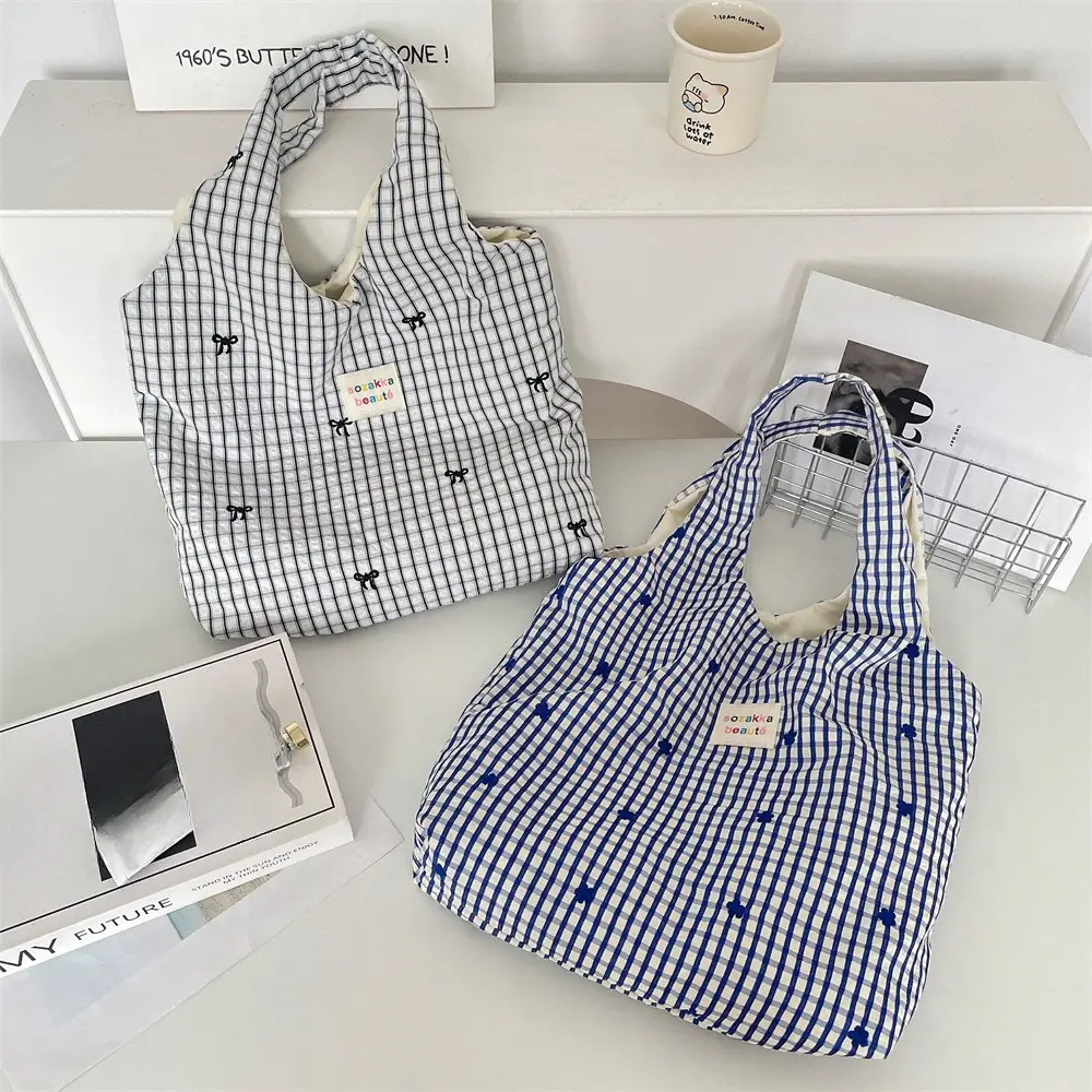 Blue Plaid Women's Shoulder Bags Large Capacity Female Reusable Shopping Bag Cotton Cloth School Girls Book Tote Handbags