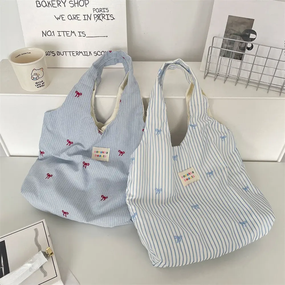 Blue Plaid Women's Shoulder Bags Large Capacity Female Reusable Shopping Bag Cotton Cloth School Girls Book Tote Handbags