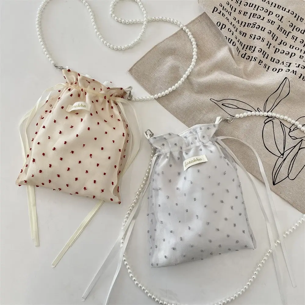 New Embroidered Dot Crossbody Bag Large Capacity Drawstring Cute Single Shoulder Tote Bag Cosmetic Bag Phone Purse Pouch