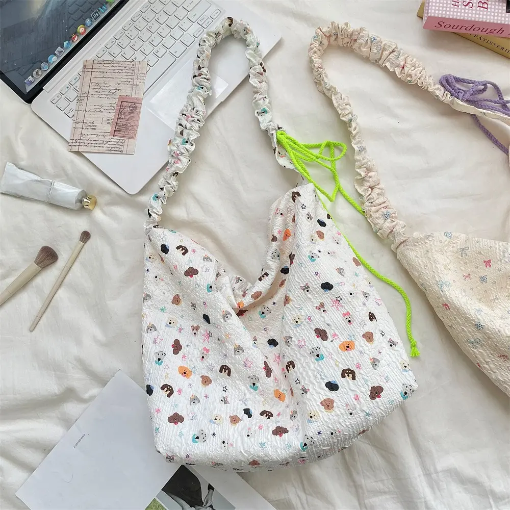 Adjustable Drawstring Shoulder Strap Crossbody Bag New Women Bag Cartoon Floral Handbags Single Shoulder Canvas Bag