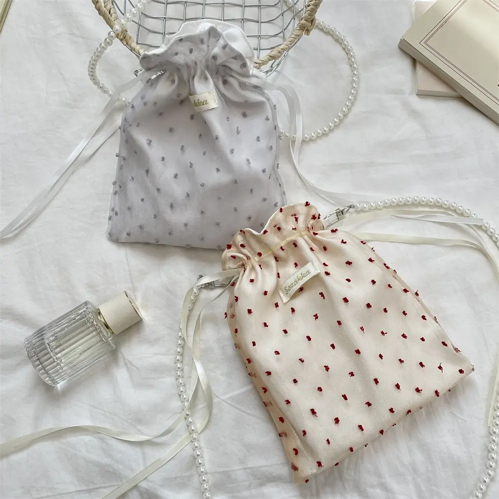 New Embroidered Dot Crossbody Bag Large Capacity Drawstring Cute Single Shoulder Tote Bag Cosmetic Bag Phone Purse Pouch