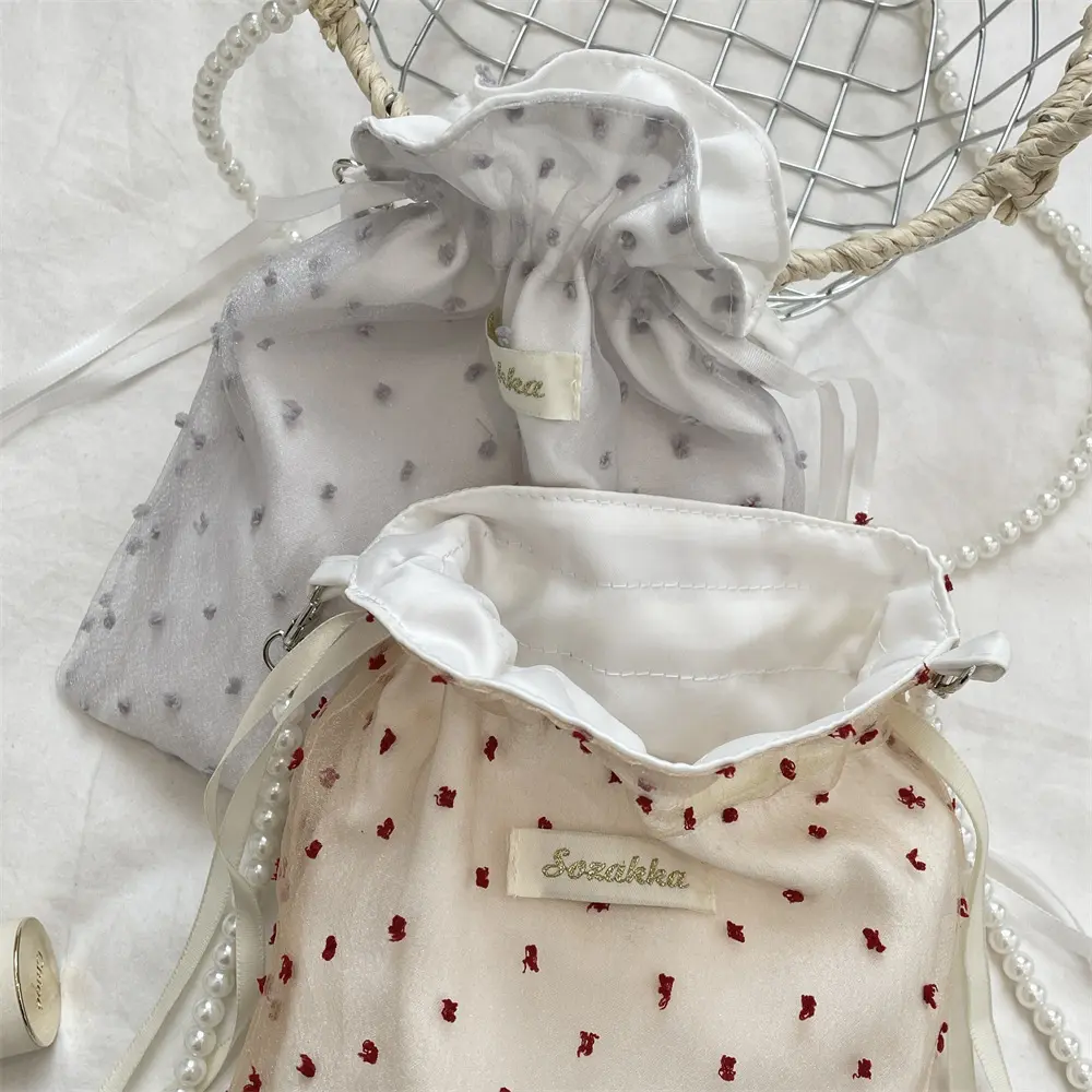 New Embroidered Dot Crossbody Bag Large Capacity Drawstring Cute Single Shoulder Tote Bag Cosmetic Bag Phone Purse Pouch