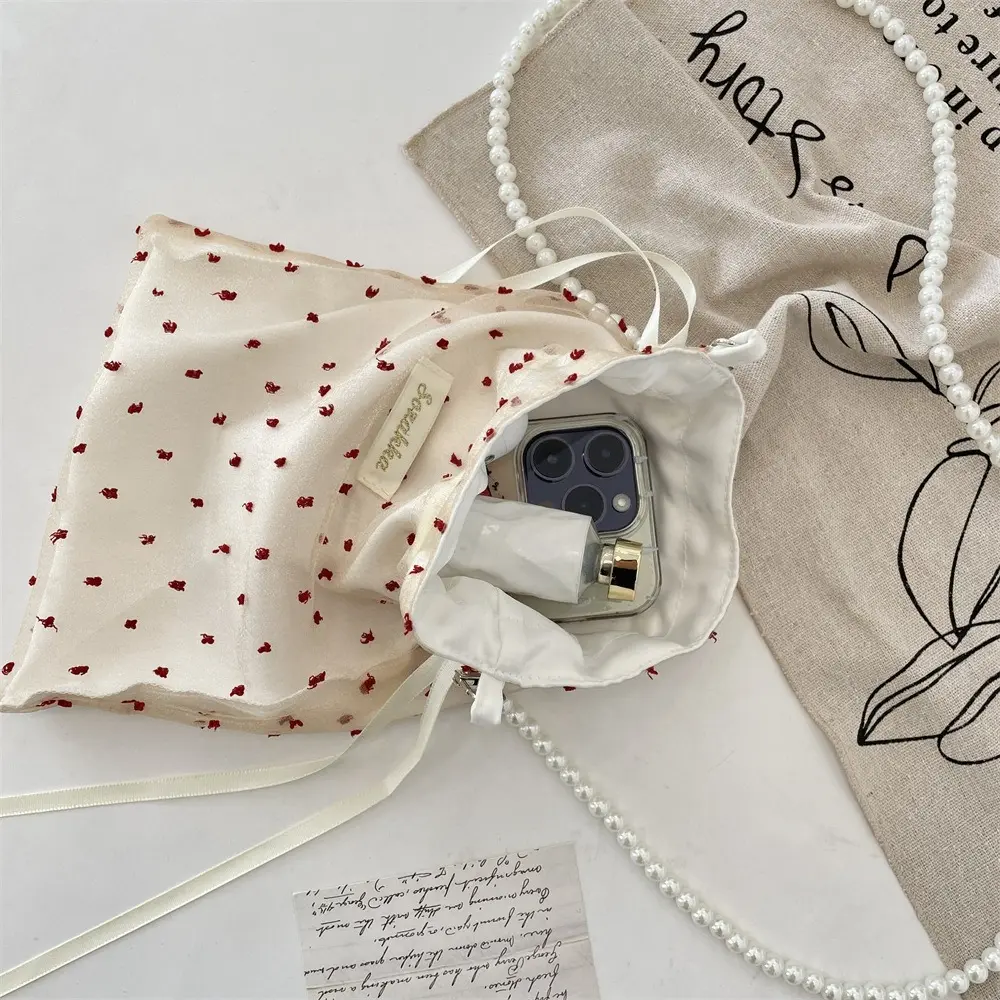 New Embroidered Dot Crossbody Bag Large Capacity Drawstring Cute Single Shoulder Tote Bag Cosmetic Bag Phone Purse Pouch