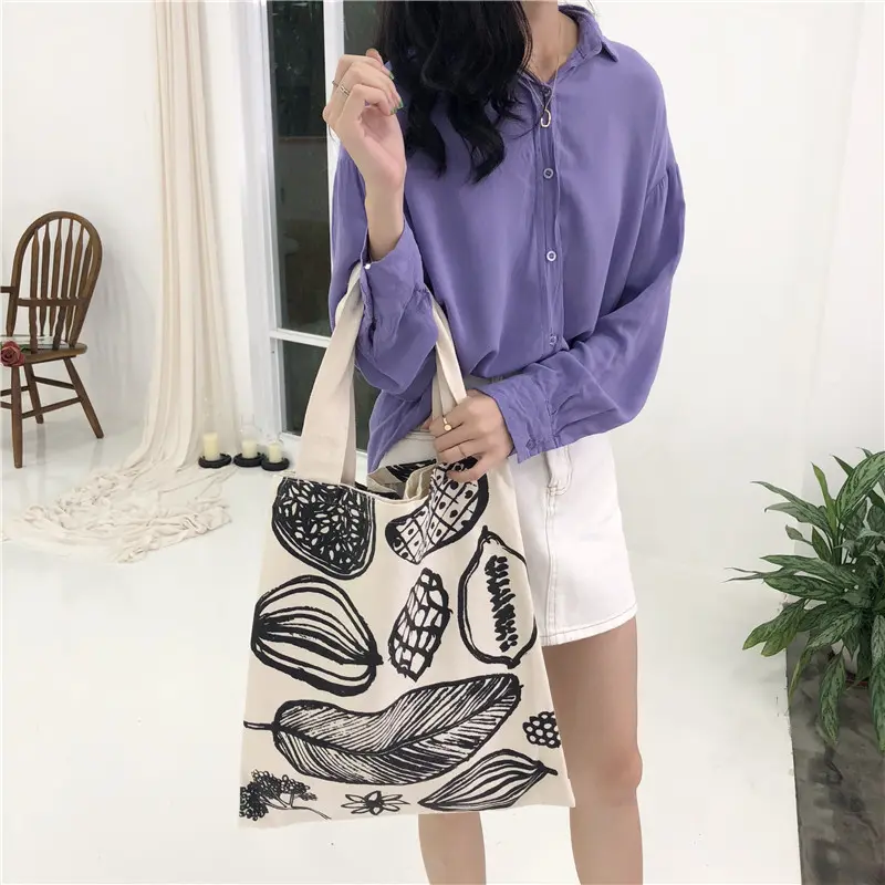 Women Canvas Shoulder Bag Leaf Print Ladies Large Shopping Bags Eco Cotton Linen Cloth Big Handbag Cute Books Tote For Girls