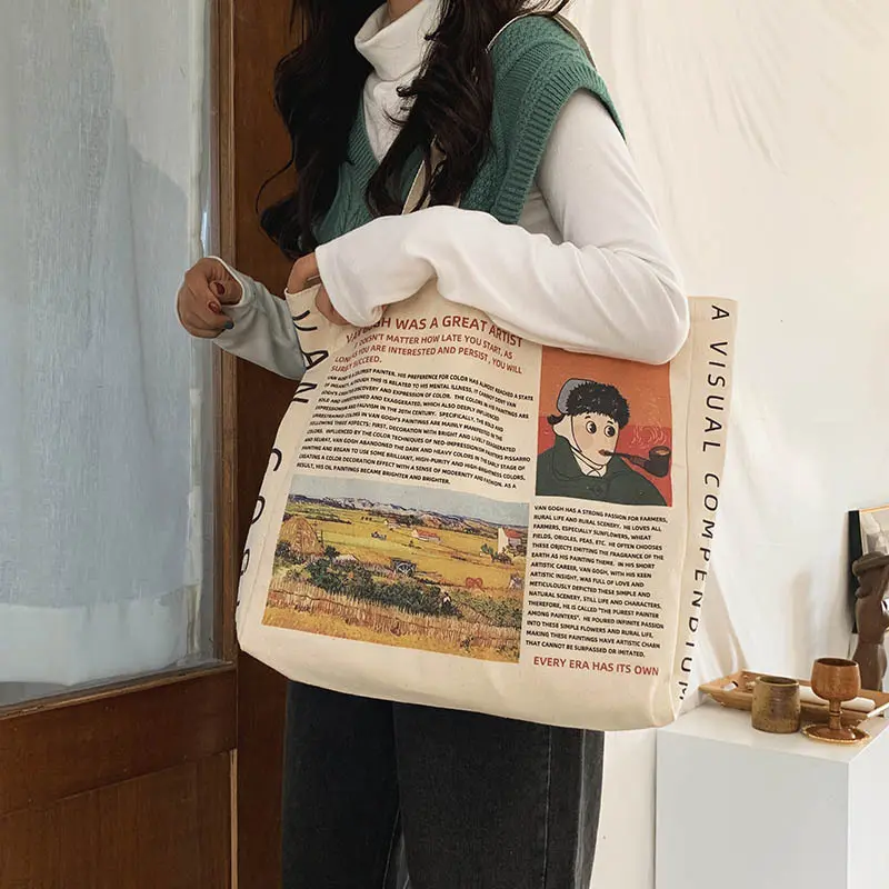Famous Painting Women Canvas Shoulder Bag Van Gogh Print Shopping Bags Student Book Handbag Female Cotton Cloth Purse Large Tote