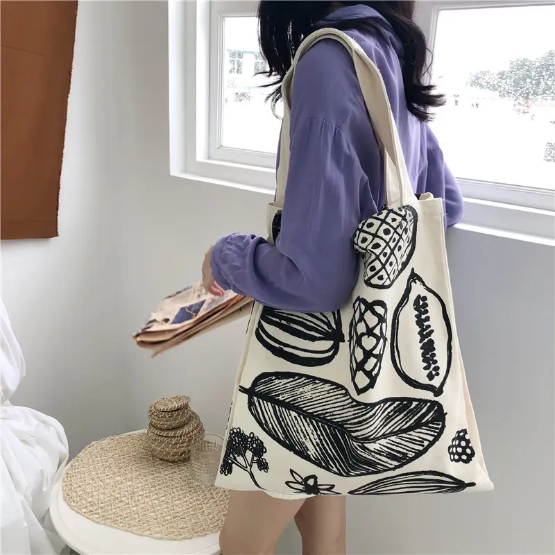 Women Canvas Shoulder Bag Leaf Print Ladies Large Shopping Bags Eco Cotton Linen Cloth Big Handbag Cute Books Tote For Girls