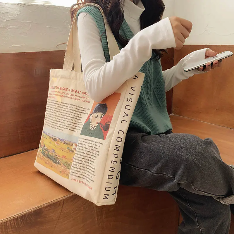 Famous Painting Women Canvas Shoulder Bag Van Gogh Print Shopping Bags Student Book Handbag Female Cotton Cloth Purse Large Tote