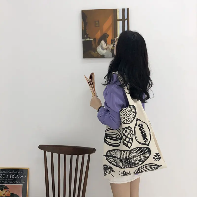 Women Canvas Shoulder Bag Leaf Print Ladies Large Shopping Bags Eco Cotton Linen Cloth Big Handbag Cute Books Tote For Girls