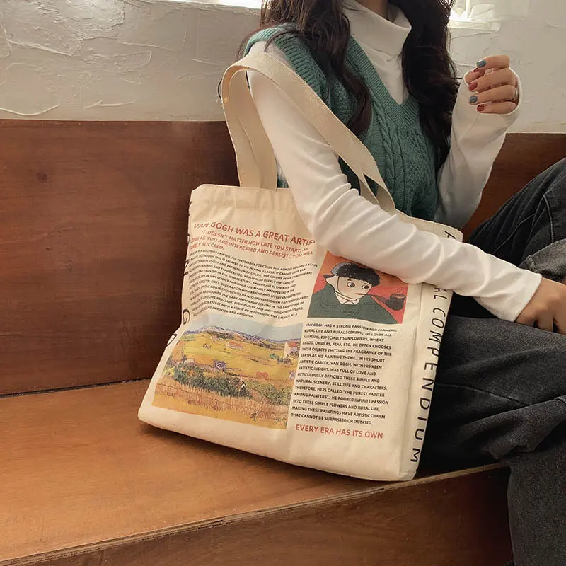 Famous Painting Women Canvas Shoulder Bag Van Gogh Print Shopping Bags Student Book Handbag Female Cotton Cloth Purse Large Tote