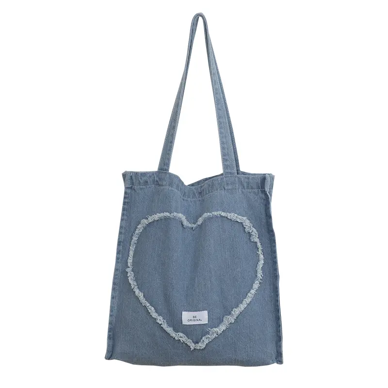 Rough Edge Denim Women Shoulder Bag Love Heart-Shaped Cloth Handbag Large Shopping Bag Female School Books Tote Eco Canvas Purse
