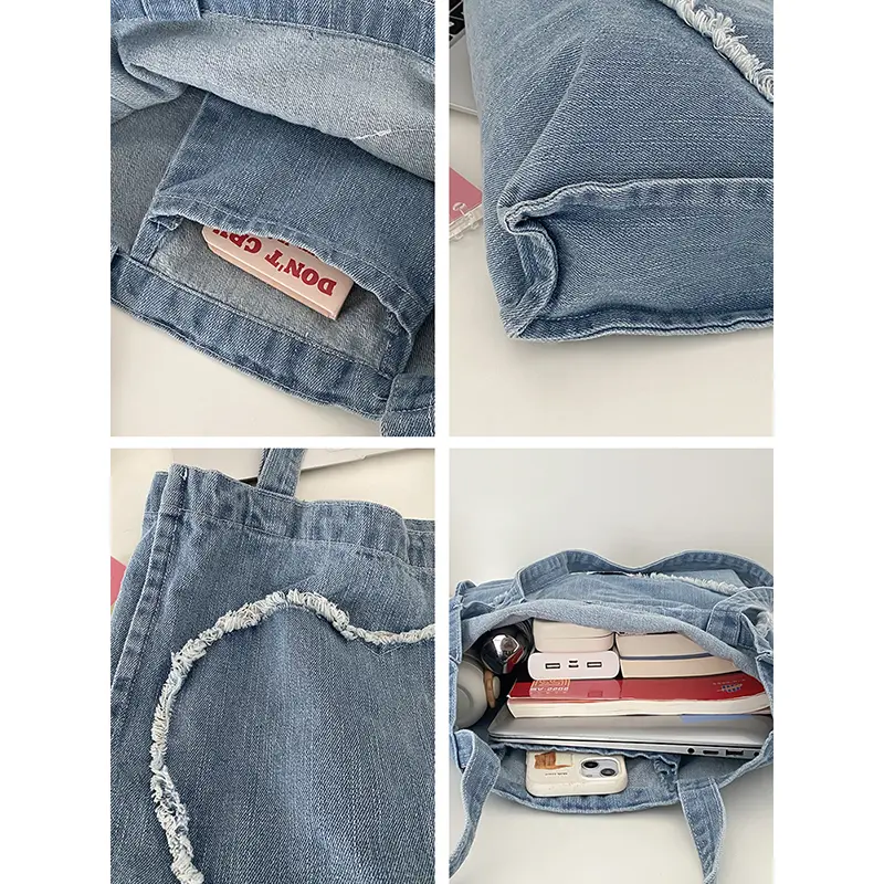 Rough Edge Denim Women Shoulder Bag Love Heart-Shaped Cloth Handbag Large Shopping Bag Female School Books Tote Eco Canvas Purse