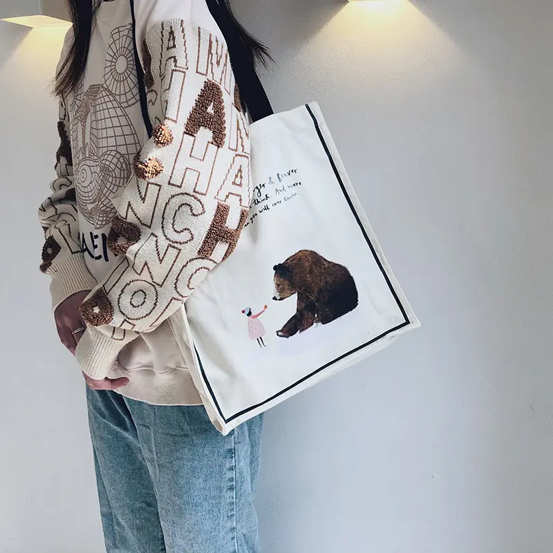 Women Canvas Shoulder Bags Girl and Bear Print Cute Books Tote For College Student Eco Shopping Bag Cotton Cloth Purse Handbag