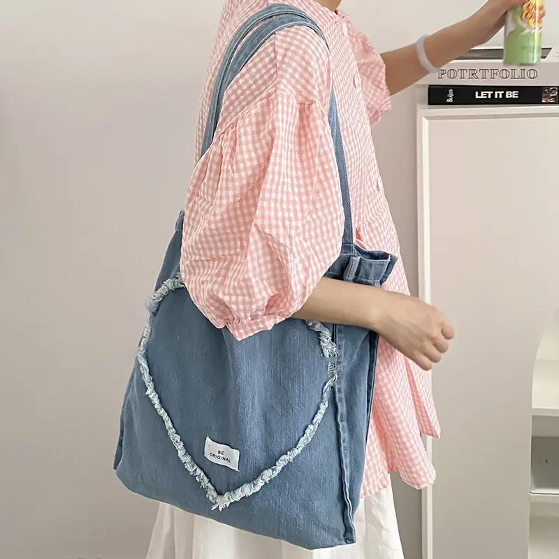 Rough Edge Denim Women Shoulder Bag Love Heart-Shaped Cloth Handbag Large Shopping Bag Female School Books Tote Eco Canvas Purse
