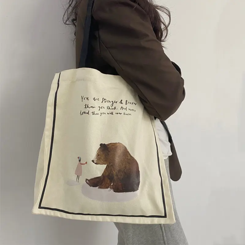 Women Canvas Shoulder Bags Girl and Bear Print Cute Books Tote For College Student Eco Shopping Bag Cotton Cloth Purse Handbag