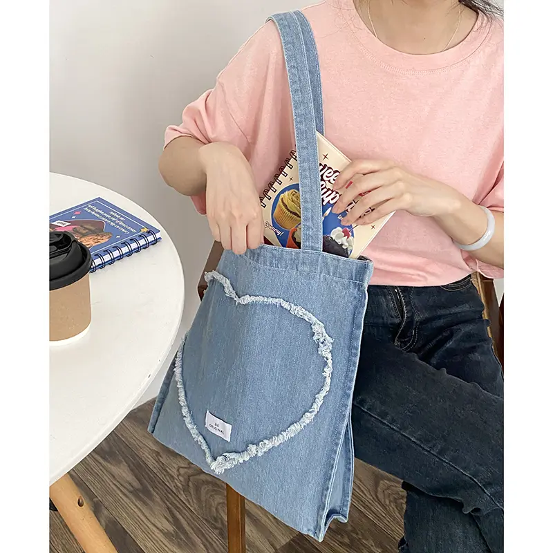 Rough Edge Denim Women Shoulder Bag Love Heart-Shaped Cloth Handbag Large Shopping Bag Female School Books Tote Eco Canvas Purse