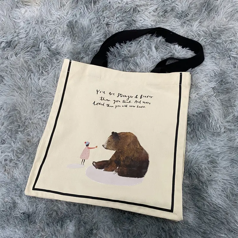 Women Canvas Shoulder Bags Girl and Bear Print Cute Books Tote For College Student Eco Shopping Bag Cotton Cloth Purse Handbag