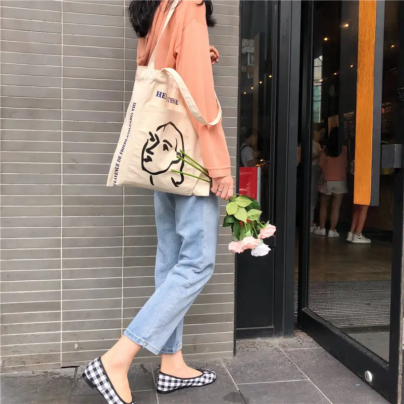 Women Canvas Shoulder Bag Large Capacity Books Tote Girl Stick Figure Print Handbag Eco Cotton Cloth Purse Ladies Shopping Bags