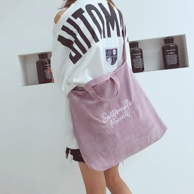 Women Corduroy Shoulder Bag Embroidery Stripes Canvas Cloth Purse Female Crossbody Messenger Bags Lady Books Tote Large Handbag