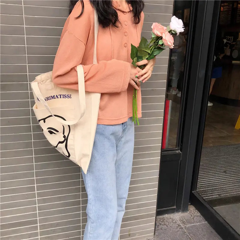 Women Canvas Shoulder Bag Large Capacity Books Tote Girl Stick Figure Print Handbag Eco Cotton Cloth Purse Ladies Shopping Bags