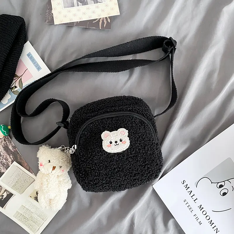 Cute Bear Print Women Small Plush Shoulder Bag Lamb Like Fabric Crossbody Bags Ladies Cloth Zipper Purse Mobile Phone Handbag