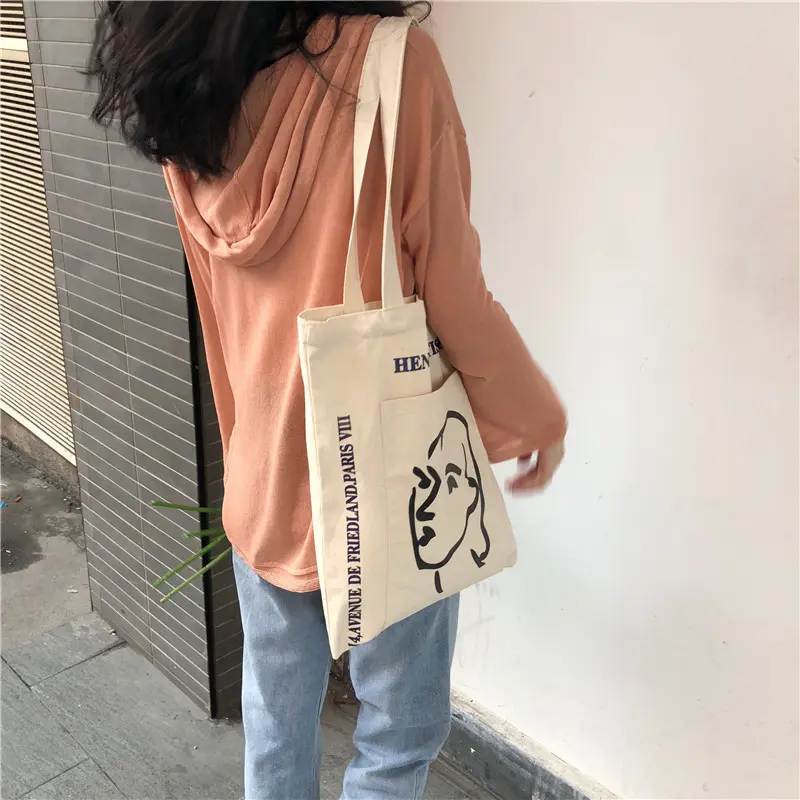 Women Canvas Shoulder Bag Large Capacity Books Tote Girl Stick Figure Print Handbag Eco Cotton Cloth Purse Ladies Shopping Bags