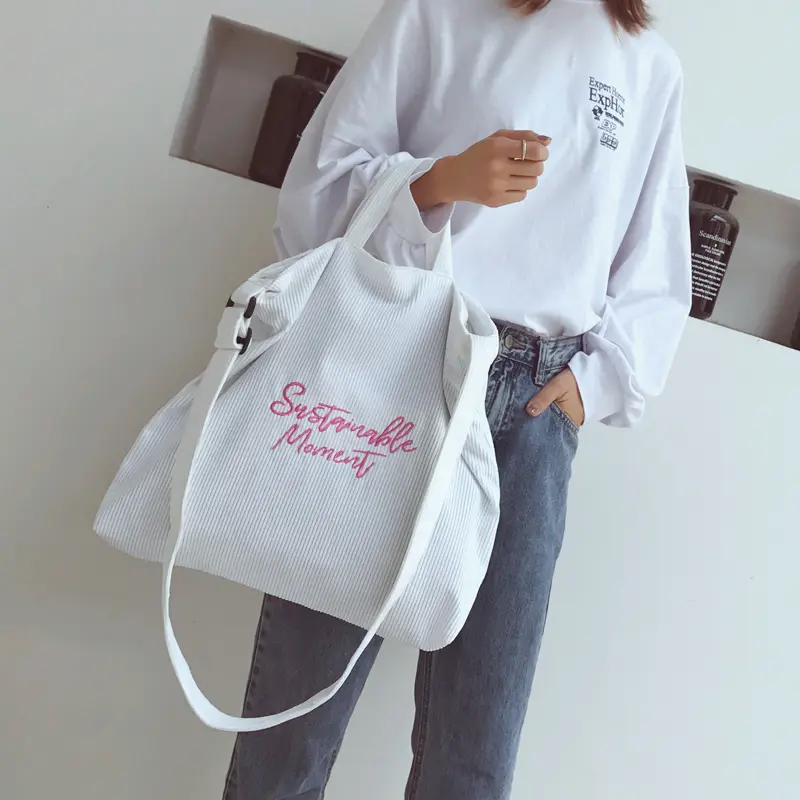 Women Corduroy Shoulder Bag Embroidery Stripes Canvas Cloth Purse Female Crossbody Messenger Bags Lady Books Tote Large Handbag