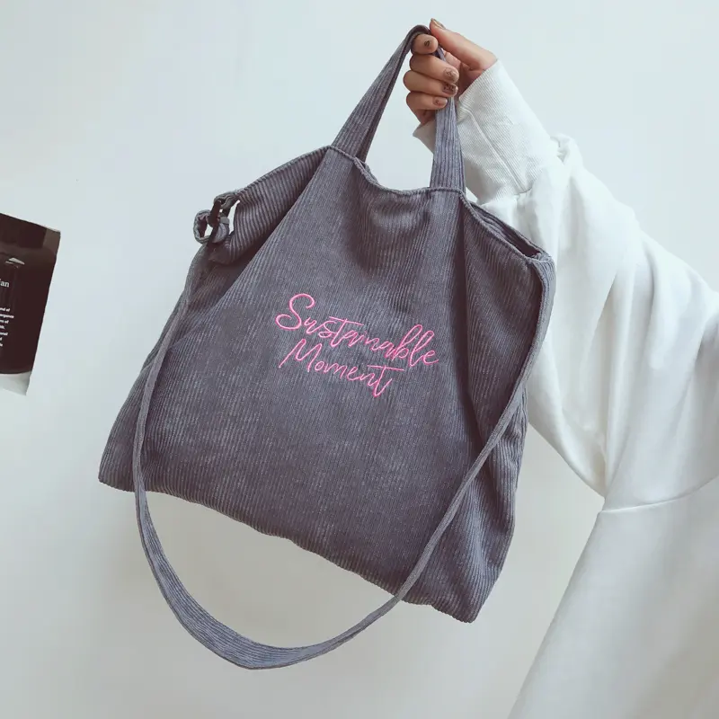 Women Corduroy Shoulder Bag Embroidery Stripes Canvas Cloth Purse Female Crossbody Messenger Bags Lady Books Tote Large Handbag