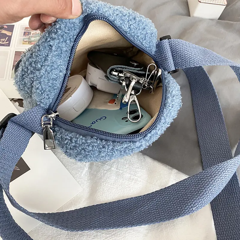 Cute Bear Print Women Small Plush Shoulder Bag Lamb Like Fabric Crossbody Bags Ladies Cloth Zipper Purse Mobile Phone Handbag