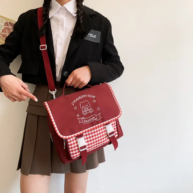Junior Miss Shoulder Bag Women Cute Embroidery Bear Purse Checked Canvas Handbag School Books Tote Girl Crossbody Messenger Bags