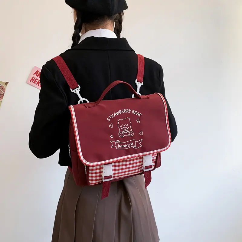 Junior Miss Shoulder Bag Women Cute Embroidery Bear Purse Checked Canvas Handbag School Books Tote Girl Crossbody Messenger Bags