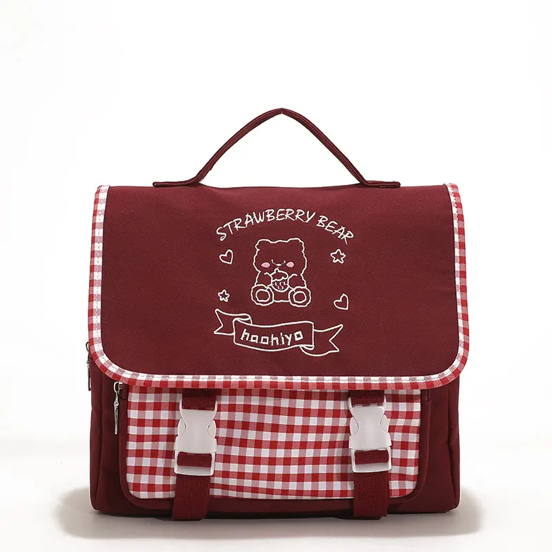 Junior Miss Shoulder Bag Women Cute Embroidery Bear Purse Checked Canvas Handbag School Books Tote Girl Crossbody Messenger Bags