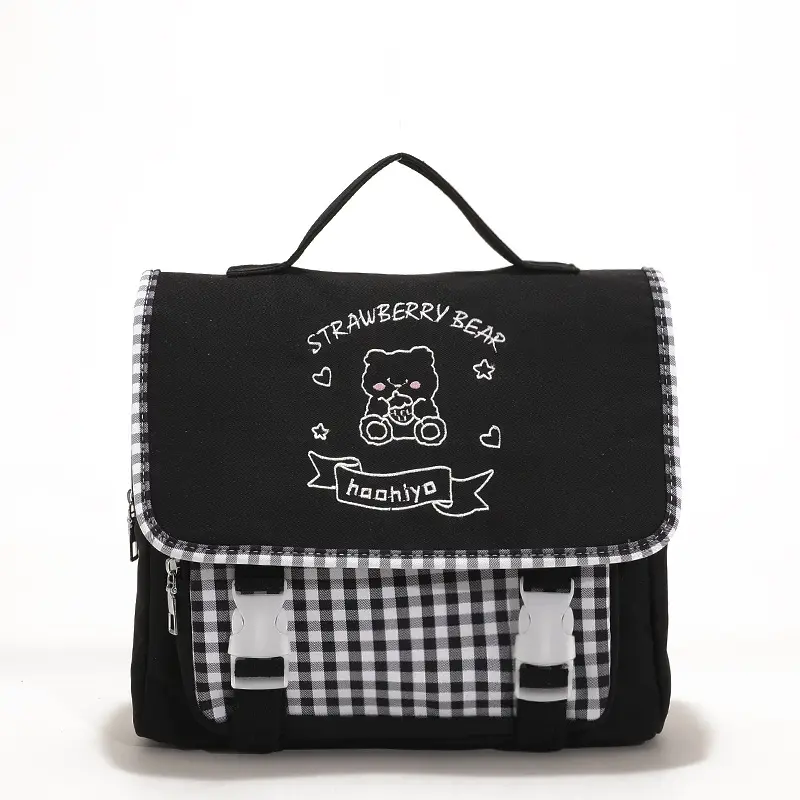 Junior Miss Shoulder Bag Women Cute Embroidery Bear Purse Checked Canvas Handbag School Books Tote Girl Crossbody Messenger Bags
