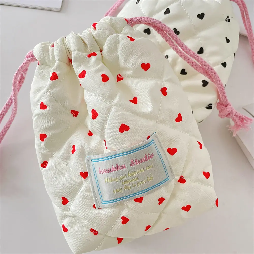 Korean Fashion Drawstring Bag Heart Handbag Women Wallets Portable Travel Cosmetic Makeup Lipstick Storage Bag