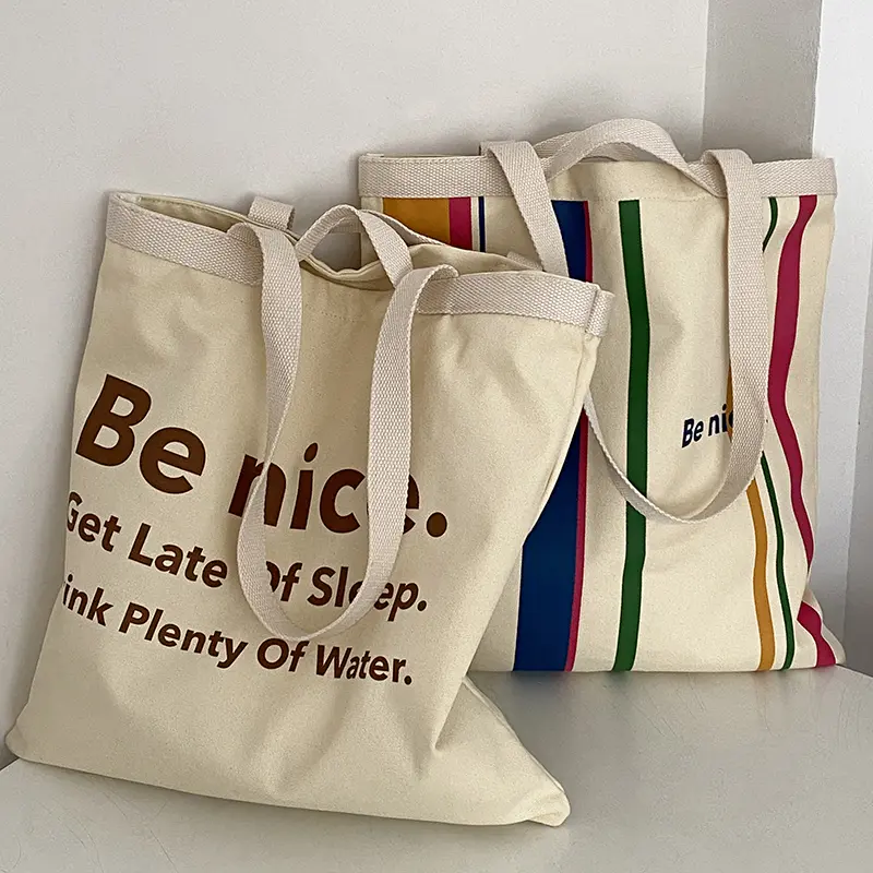 Women Canvas Shoulder Bag Colorful Stripe Letters Double Print Eco Cloth Purse Students Books Bag Cotton Handbags Tote For Girls