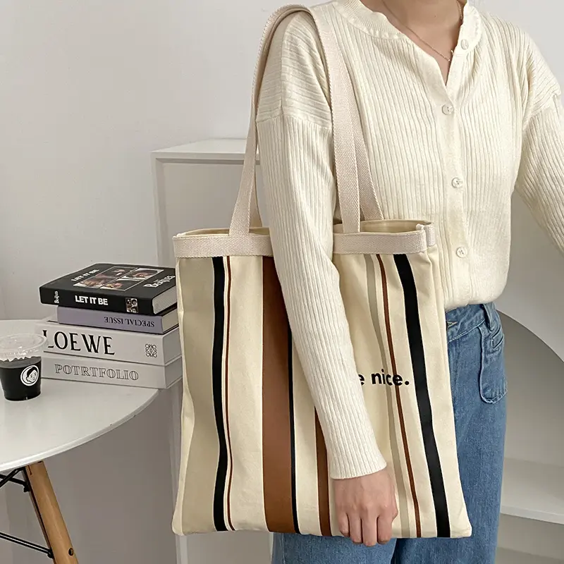 Women Canvas Shoulder Bag Colorful Stripe Letters Double Print Eco Cloth Purse Students Books Bag Cotton Handbags Tote For Girls