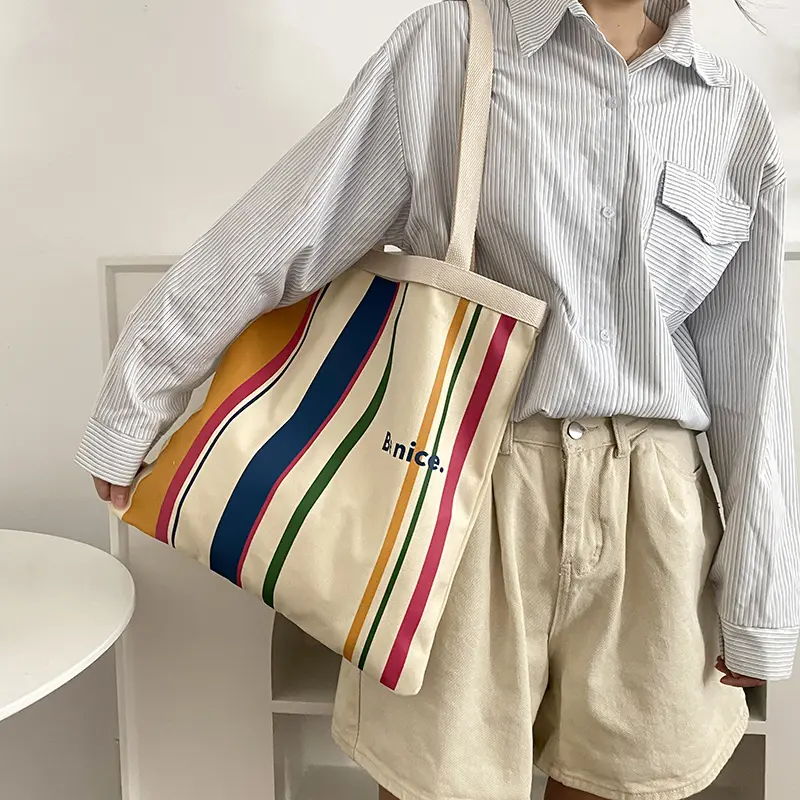 Women Canvas Shoulder Bag Colorful Stripe Letters Double Print Eco Cloth Purse Students Books Bag Cotton Handbags Tote For Girls