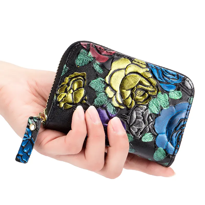 Genuine Leather Women Small Wallets Female Credit Card & Business Card Holder Ladies Coin Purse 3D Flower Embossing Mini Wallet