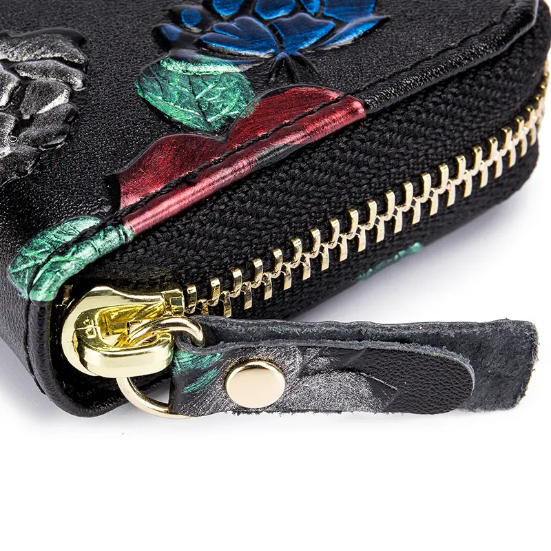 Genuine Leather Women Small Wallets Female Credit Card & Business Card Holder Ladies Coin Purse 3D Flower Embossing Mini Wallet