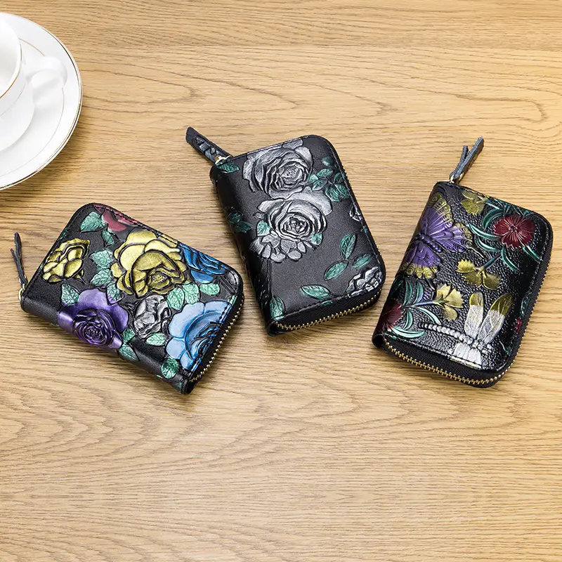 Genuine Leather Women Small Wallets Female Credit Card & Business Card Holder Ladies Coin Purse 3D Flower Embossing Mini Wallet